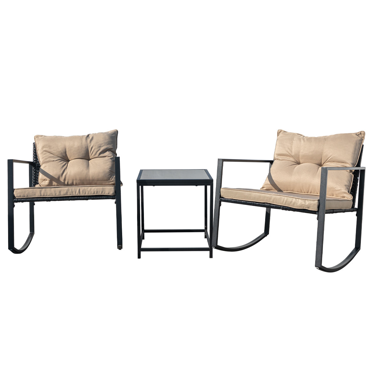 Aug-guan Patio Furniture Set 3 Pieces,Rocking Chairs for 2 Person with Coffee Table&Cushion,Outdoor Bistro Set Wicker Sofa,All Weather Conversation Set for Porch,Balcony,Yard or Garden