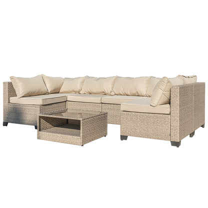 Aug guan 7-piece courtyard furniture set with storage table and cushion, all-weather outdoor sofa partition sofa, wicker vine external dialogue set suitable for courtyards, lawns, and gardens